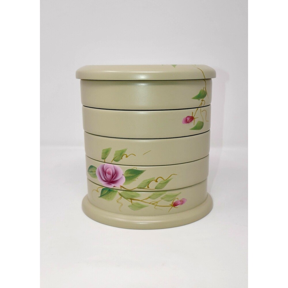 Calgon Flexzorb  Vintage Wooden 5-Tier Swivel Jewelry Box Hand Painted Roses